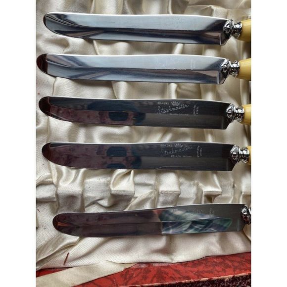Rare VTG Glo-Hill FAUX STAG BONE And BAKELIGHT DINKEE KNIVES Boxed Set 6 - Picture 12 of 12